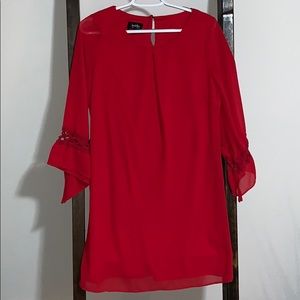 Red flowy 3/4 sleeve dress with crochet detail